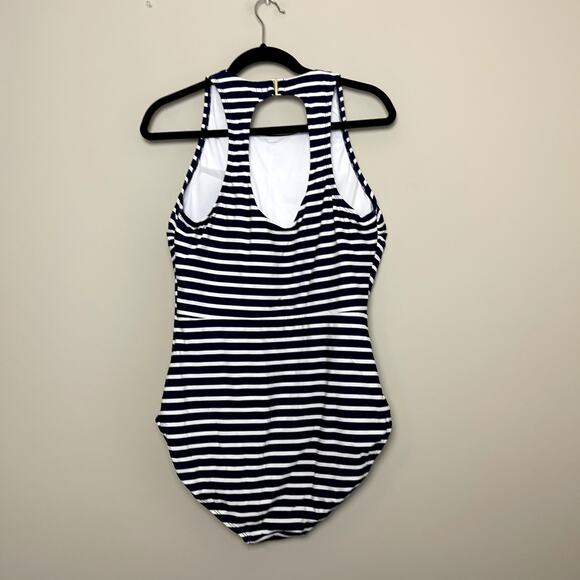 Lands End Pull On Hook Loop  Full Coverage Blue White Striped One Piece Swimsuit - Picture 4 of 5